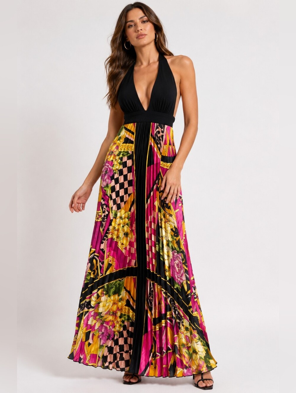 Cache Halter Maxi Dress Pleated Floral Geometric Y2K XSmall Juniors